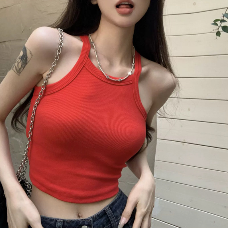 带胸垫吊带背心女挂脖背心上衣