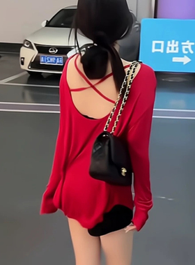 红色上衣长袖露背女夏季宽松高级感外搭旅游度假风罩衫防晒T恤衫