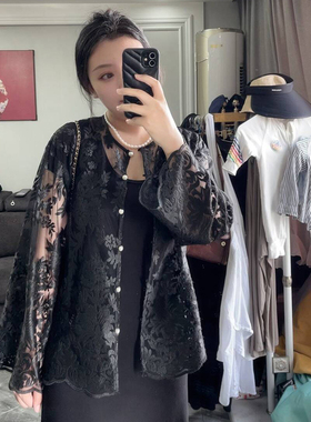 配吊带裙的外披夏大码胖MM刺绣镂空花边黑薄纱上衣女蕾丝罩衫开衫