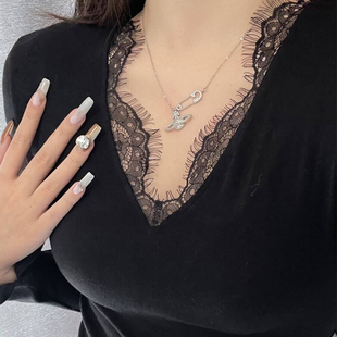 女内搭蕾丝花边上衣长袖 显瘦欧货小衫 秋冬新款 修身 大码 V领打底衫