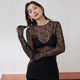 蕾丝上衣女长袖 镂空开叉下摆内搭外穿叠穿黑色独特漂亮蕾丝打底衫