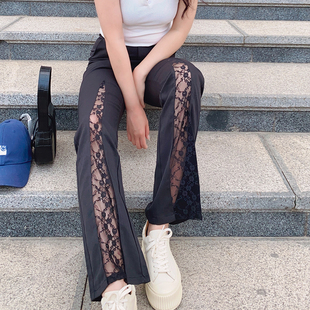 休闲女裤垂感库夏季镂空蕾丝拼接设计感小心机高腰大码微喇叭裤子