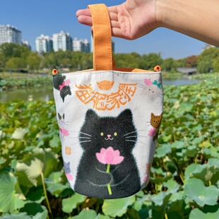 饰 杭州灵隐钱袋子猫肥家润水桶包夏日紫葡萄帆布包文创装 限定