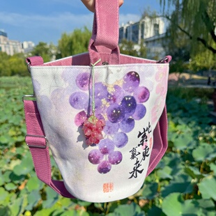 杭州灵隐钱袋子紫气东来水桶包包夏日紫葡萄帆布包文创挂件装饰