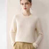 康赛妮 女宽松毛衣百搭打底衫 十二针小禾同款 坑条圆领山羊绒衫