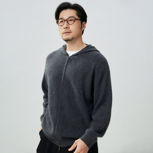 100%纯羊绒男连帽拉链开衫