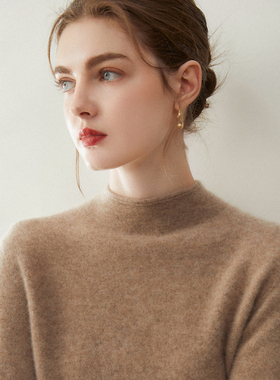 康赛妮~新款纯山羊绒衫女卷边半高领纯色宽松针织打底衫毛衣内搭