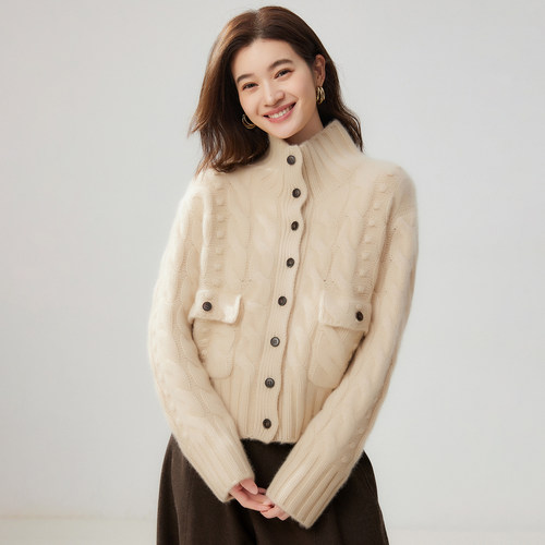 保暖加厚高领麻花羊绒开衫女外套