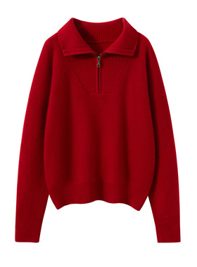康赛妮之禾同款复古半拉链纯羊绒衫女翻领宽松针织衫套头长袖毛衣
