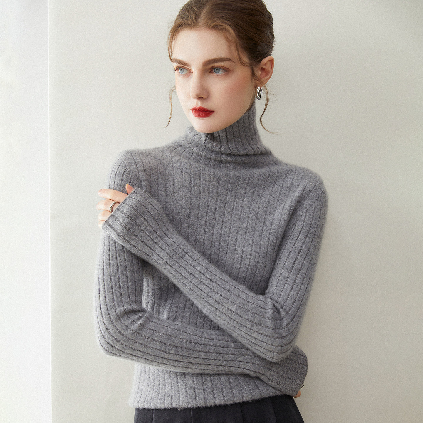 康赛妮一线成衣堆堆领山羊绒衫女坑条修身显瘦打底毛衣针织衫上衣,女装/女士精品,羊绒衫,淘宝优惠券,粉丝福利购,淘宝优惠卷