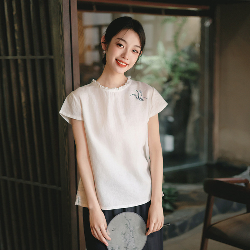 短袖文艺复古刺绣砂洗亚麻上女夏