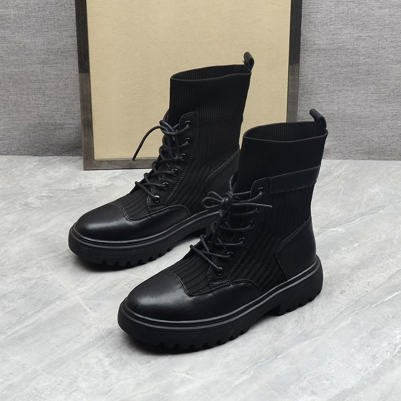 真皮厚底短靴显廋针织春秋女靴子