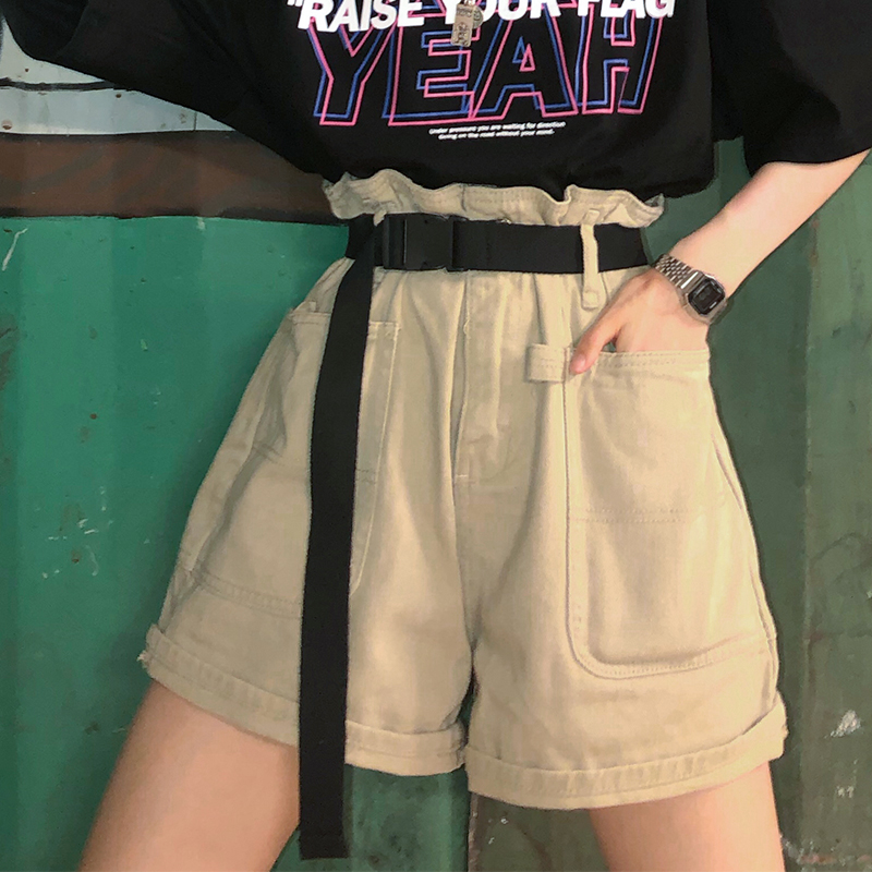 99.90元包邮吵吵家工装短裤女宽松休闲夏2019新款高腰a字阔腿花苞五分裤热裤