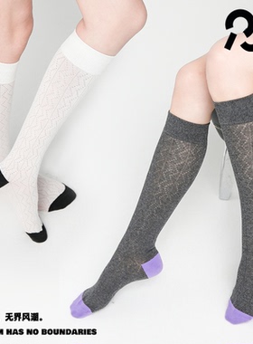 双色格律｜拼接小腿袜夏季女薄款中筒袜y2k堆堆长袜白灰色ins潮