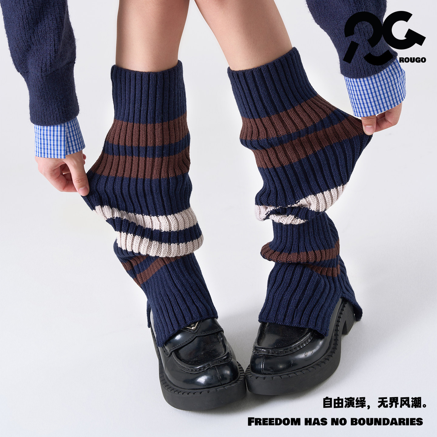 Rougo罗口条纹藏青开叉袜筒复古袜套堆堆袜保暖修饰腿型毛线加厚