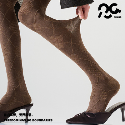 Rougo罗口时髦菱形格直角跟名媛咖啡色连裤袜女打底袜春秋薄款