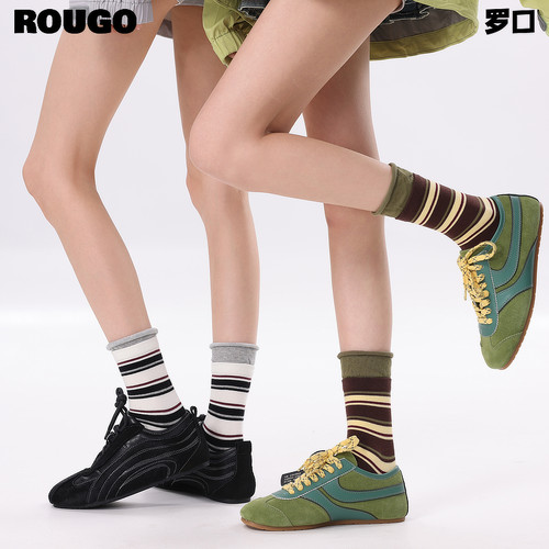 Rougo罗口撞色拼接卷边条纹蓝袜子女款夏季彩色堆堆袜薄款中筒袜