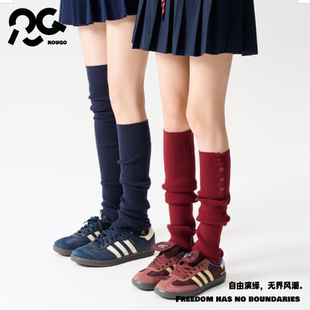 Rougo罗口羊毛miu系长筒堆堆袜套纽扣过膝袜子女秋冬腿套红色条纹