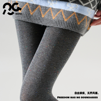 Rougo罗口复古点子纱直角跟棉平板连裤袜子花纱灰色打底袜春秋款