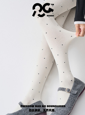Rougo罗口复古白色波点丝袜厚春秋款棉打底袜女连裤袜秋冬直角跟