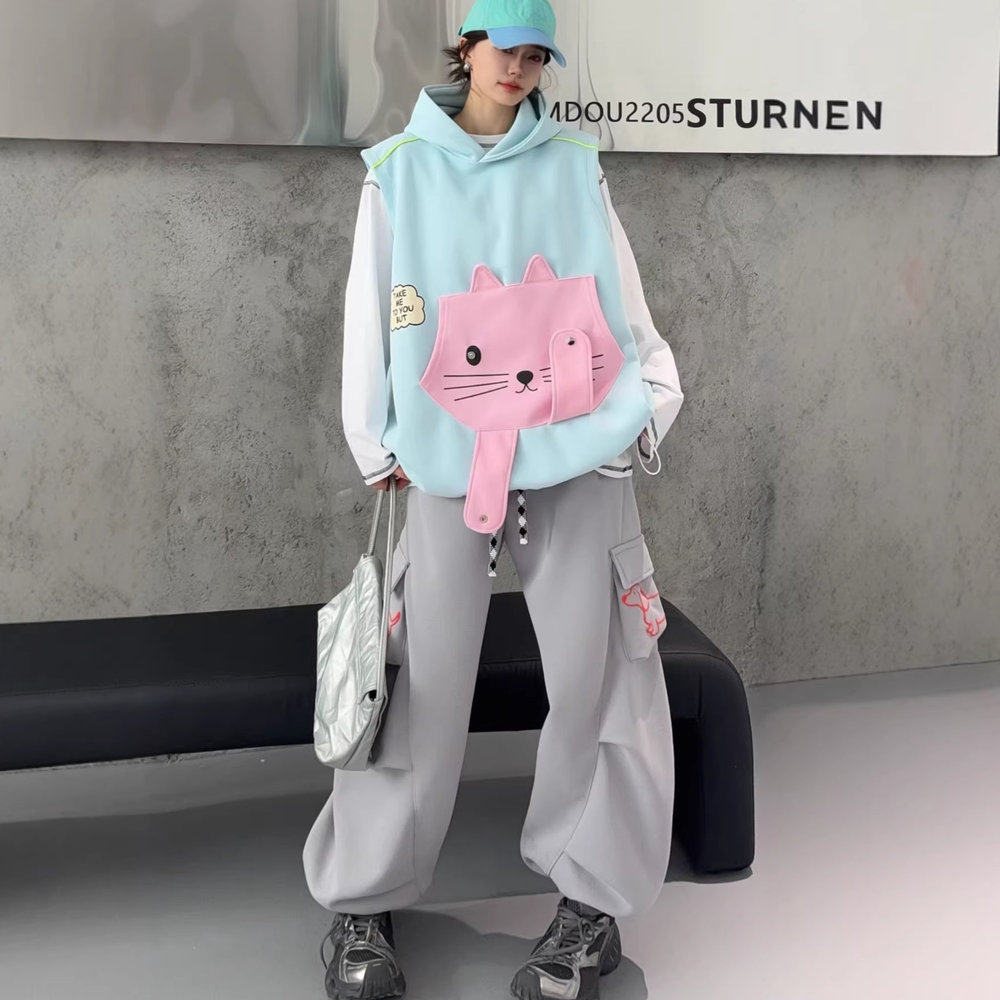 美式大码套装立体装饰小猫口袋马甲工装裤女时尚设计感减龄两件套,女装/女士精品,大码套装,淘宝优惠券,粉丝福利购,淘宝优惠卷