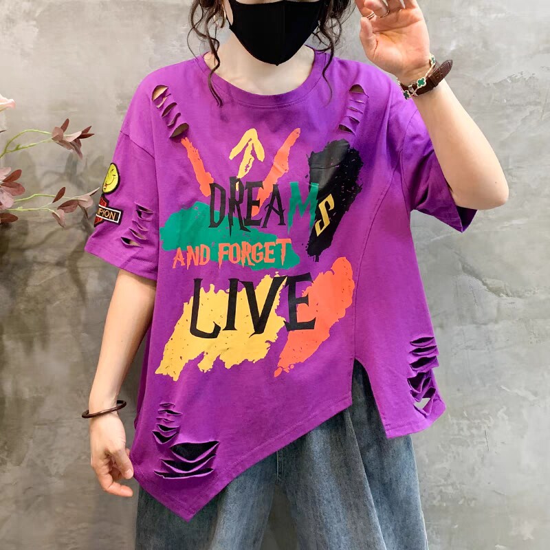 复古涂鸦字母T恤女短袖创意不规则破洞纯棉薄款外穿小个子上衣服