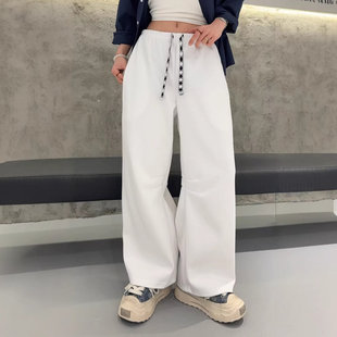 松紧腰直筒宽松高个子抽绳阔腿裤 韩版 新款 女2026春季 休闲弯刀裤