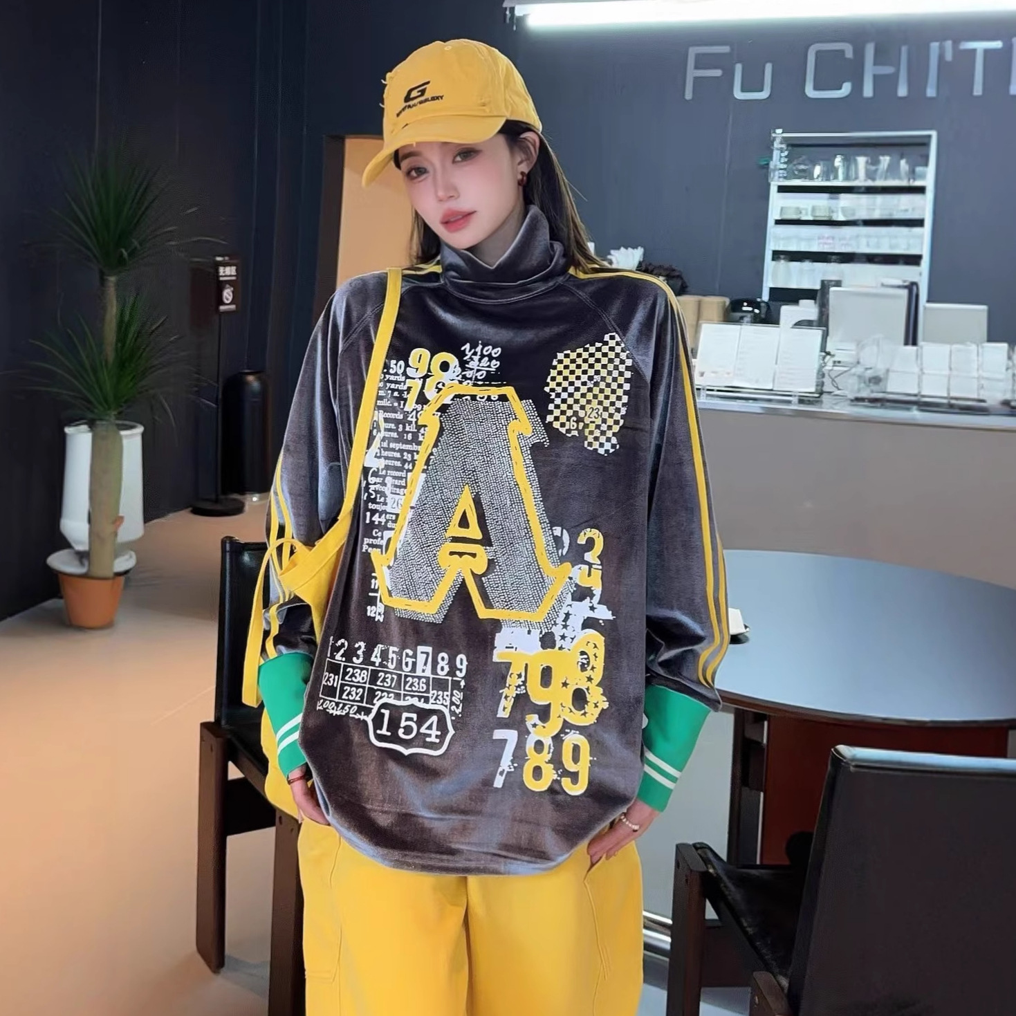 拼接高领字母印花中长款德绒长袖T恤女秋冬季新款韩版宽松打底衫