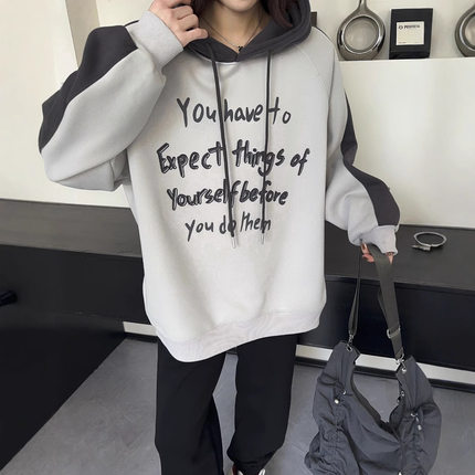 实拍拼接撞色加绒连帽长袖卫衣女秋冬新款大码胖mm中长款炸街上衣