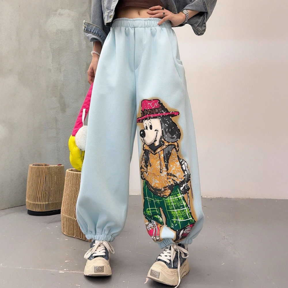 束脚够通勤高腰长裤卡通卫裤均码