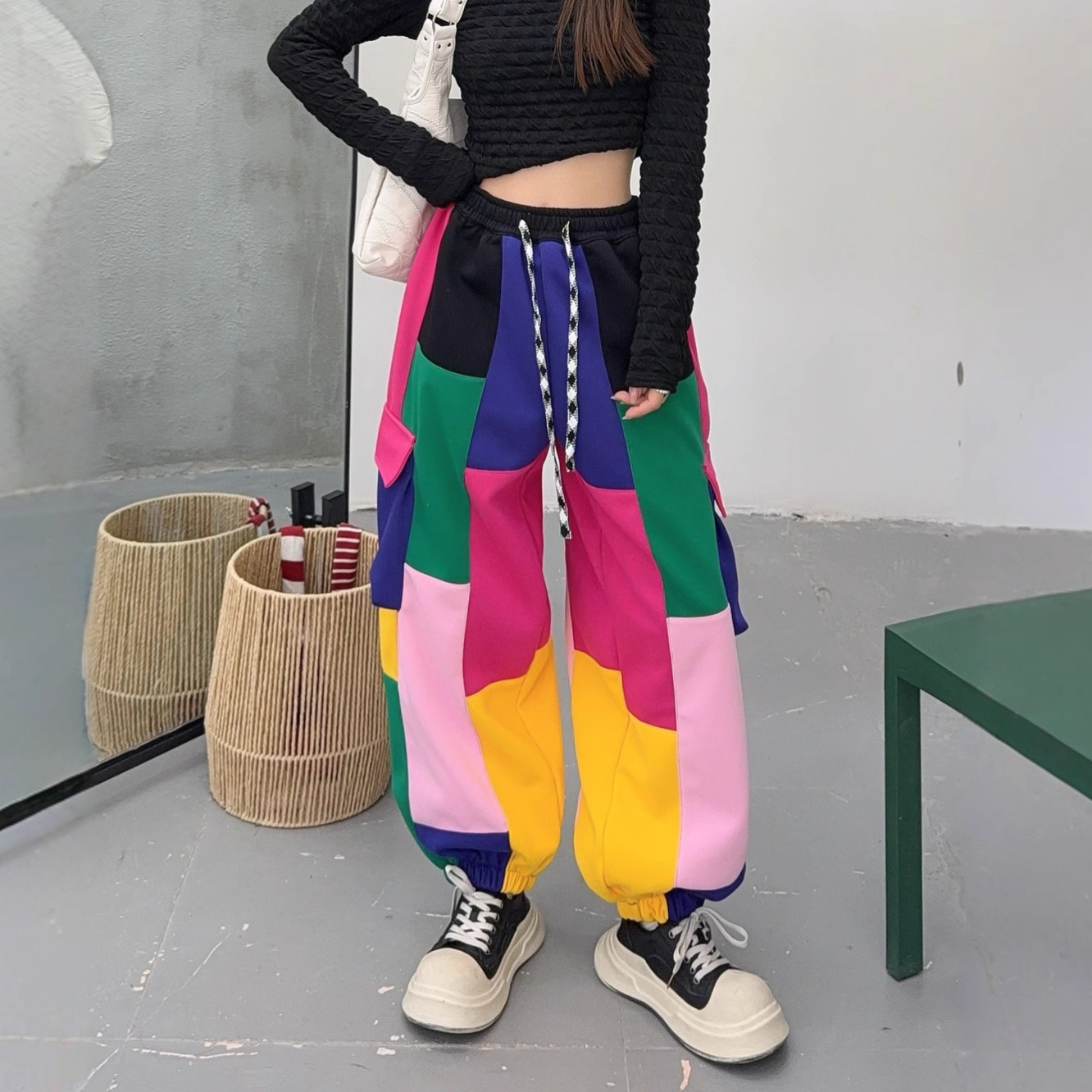 束脚常规通勤高腰长裤拼接均码