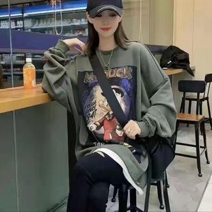 美式春秋新款毛圈棉宽松上衣中长款大版破洞拼接假两件卡通卫衣