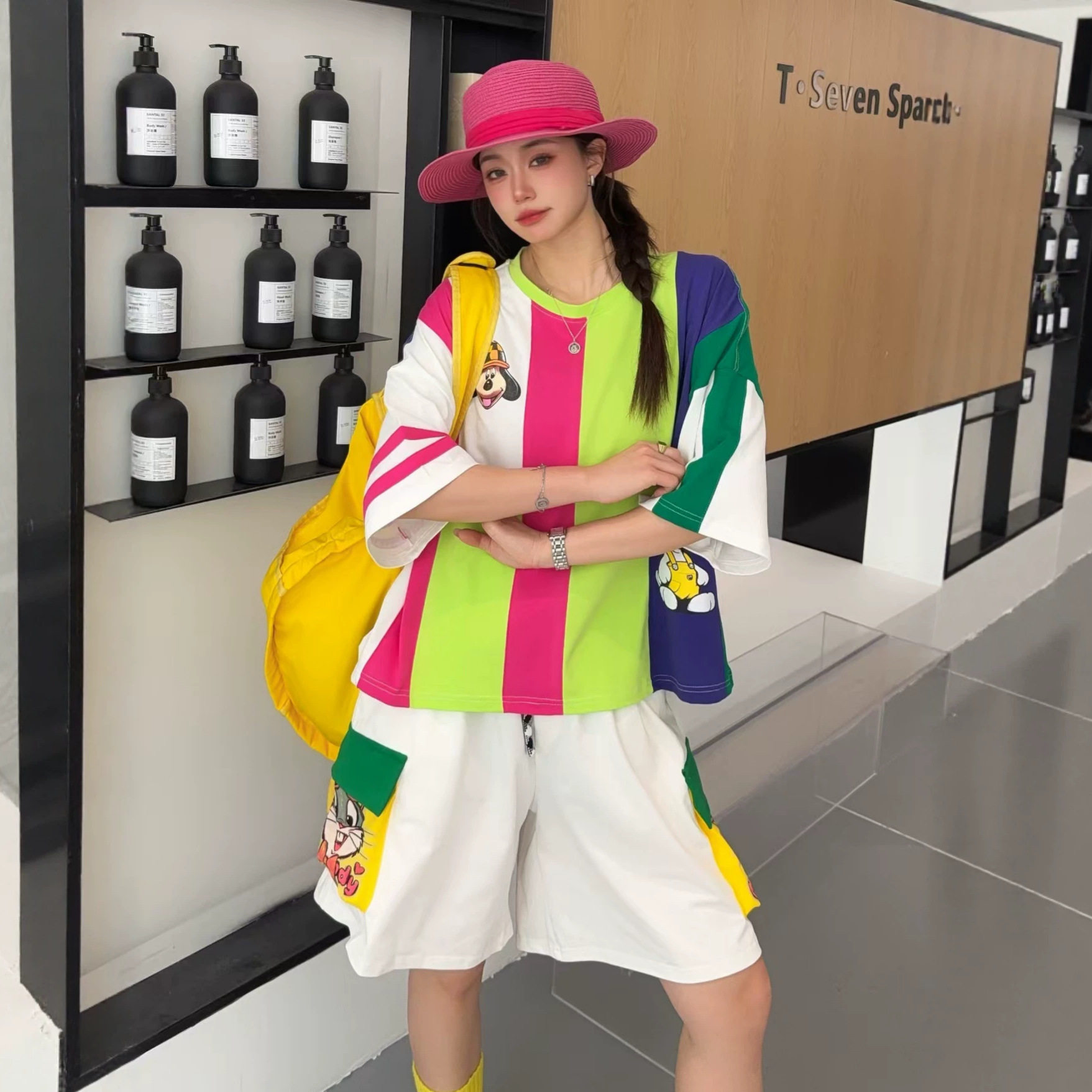 大码套装多巴胺拼色卡通短袖T恤口袋短裤女夏季新款宽松两件套