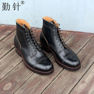 勤针手工男鞋植鞣皮圆头雕花时装潮流工装靴男靴定制黄牛皮大底