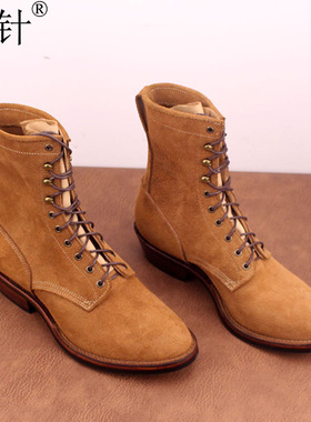勤针男鞋Stich down工艺马丁靴男鞋头层翻毛皮高帮鞋户外工装靴子