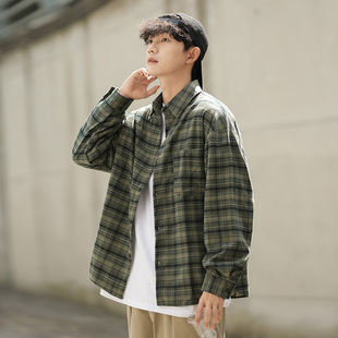 春秋日系复古纯棉长袖格子衬衫男少年感青春潮流宽松休闲衬衣外套