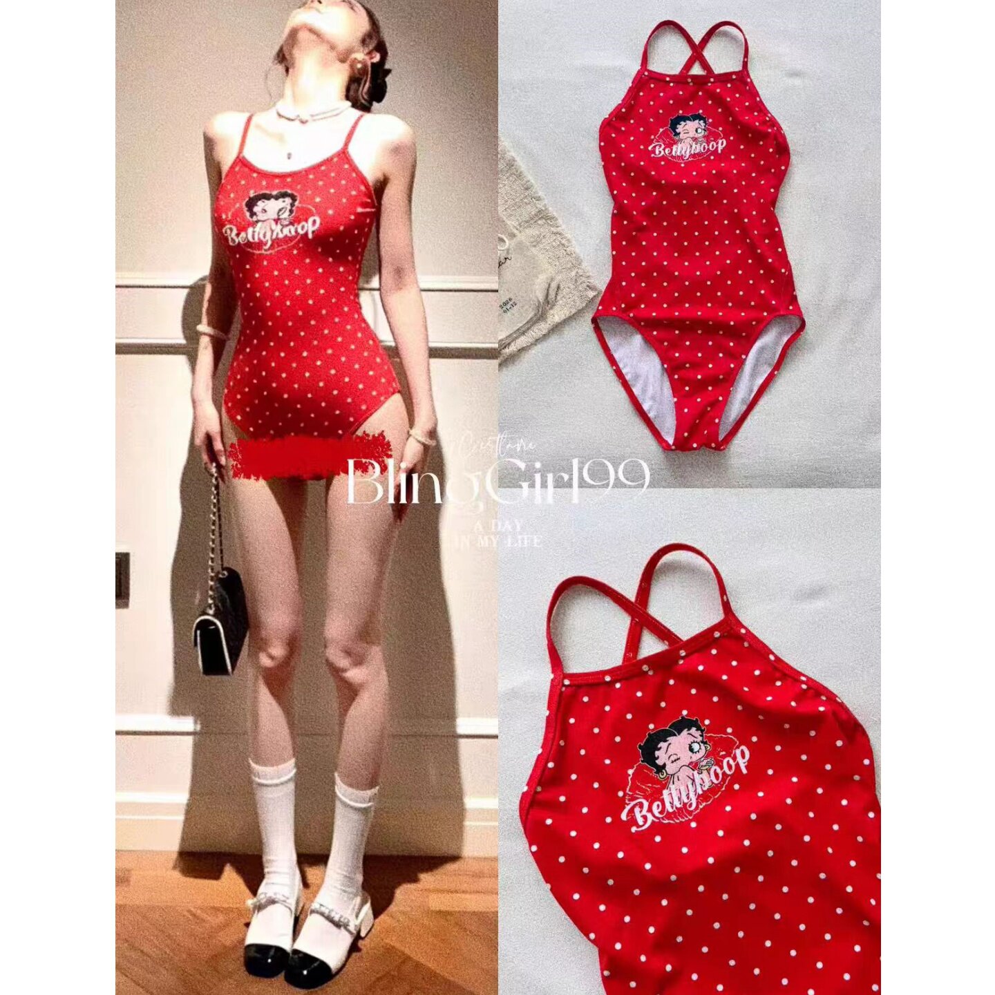 贝蒂小姐红色辣妹吊带显瘦连体泳