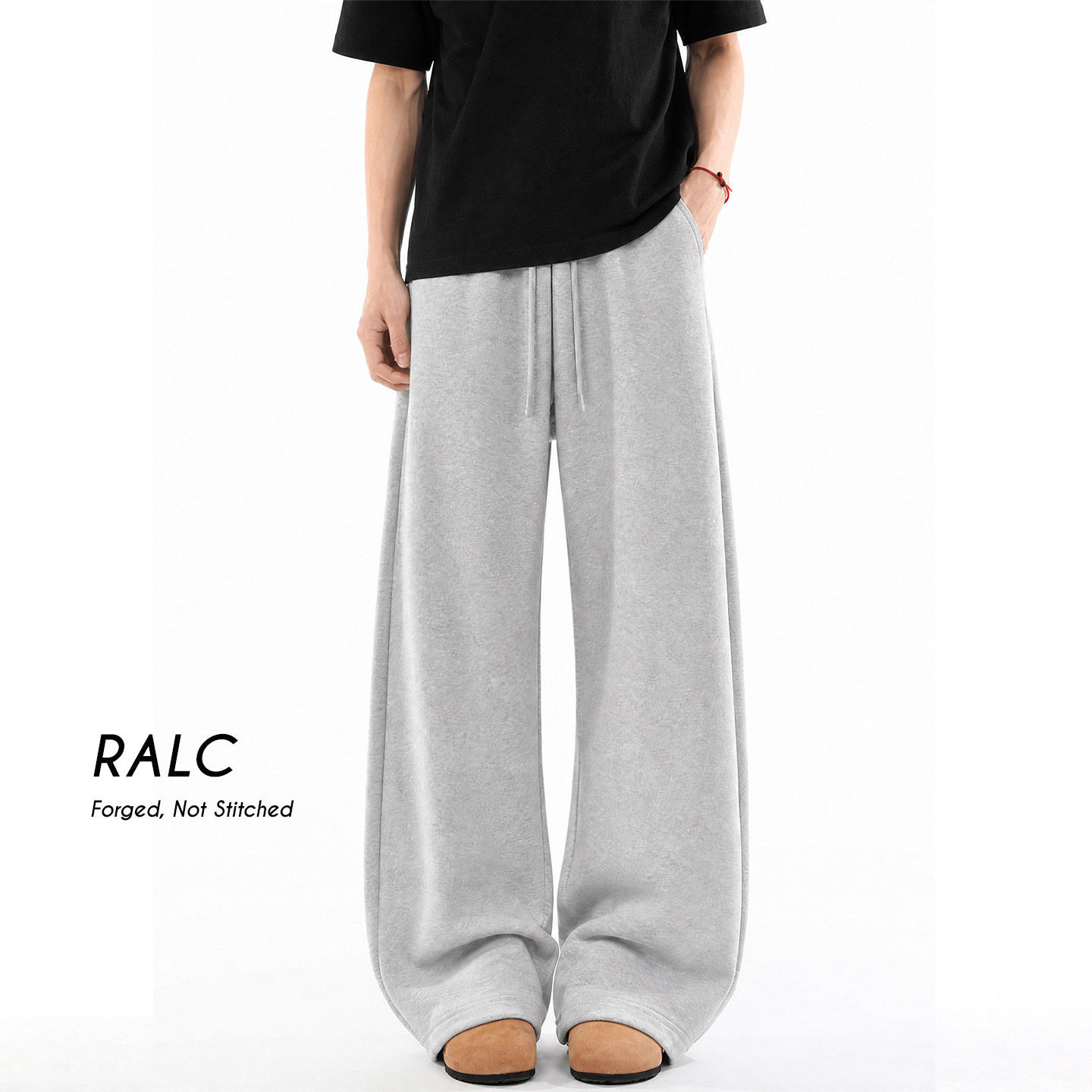 RALC灰色卫裤男秋冬季加绒宽松直筒裤重磅运动裤青年百搭休闲长裤