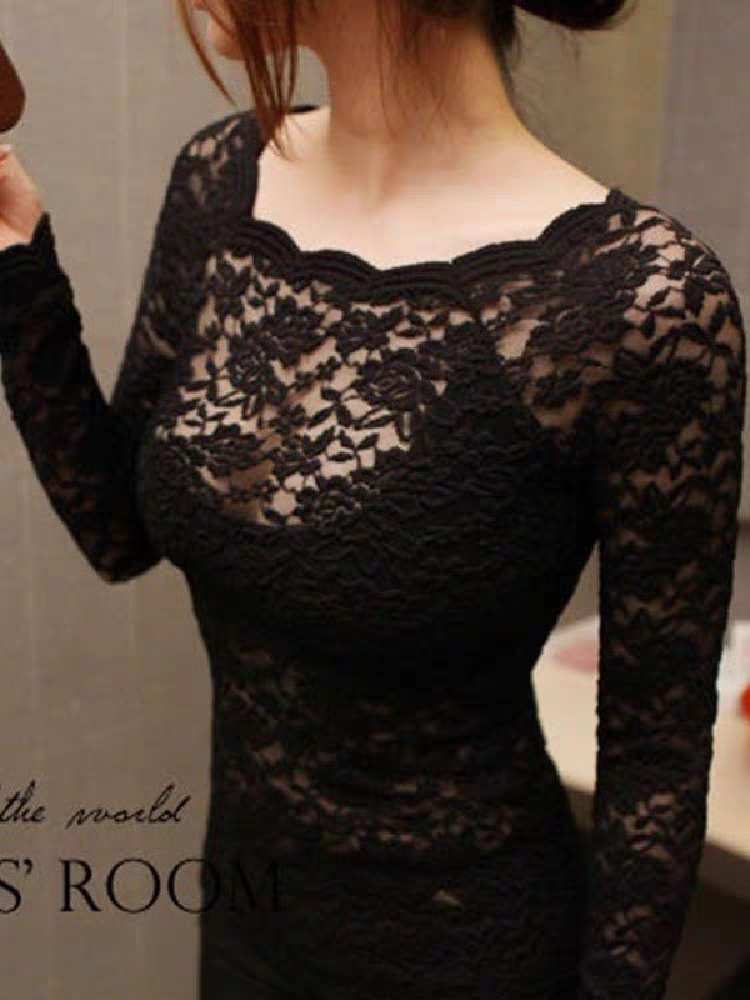 蕾丝打底衫女透明大码性感风韩版女人味衣服高级感一字领露肩上衣