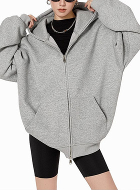 美式复古重磅灰色卫衣开衫女连帽外套秋冬纯色宽松休闲百搭上衣
