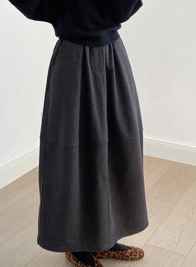 言双 韩系气质花苞毛呢半身裙女 秋冬高腰垂感a字大摆裙子82671