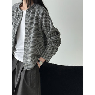 新款 外套女秋季 小个子棒球服上衣2106 韩系显瘦磨毛条纹开衫 鹿西
