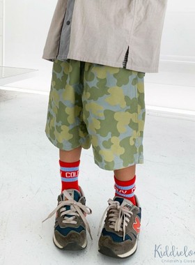 日本代购 童装 GROOVY COLORS 纯棉斜纹布印花休闲附腰带五分短裤