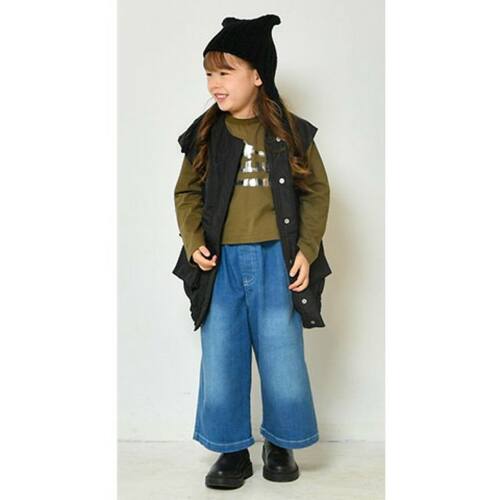 Kiddielove 日本代购 童装 NEWO 棉弹丹宁笑脸刺绣超宽裤腿牛仔裤