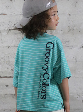 日本代购 童装 GROOVY COLORS 纯棉宽版落肩条纹字母休闲短袖T恤