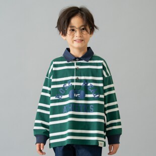 Kiddielove 日本代购 童装 petitmain 纯棉宽条纹翻领polo长袖T恤
