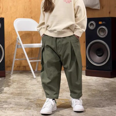 纯棉斜纹深褶皱宽松宽松休闲长裤