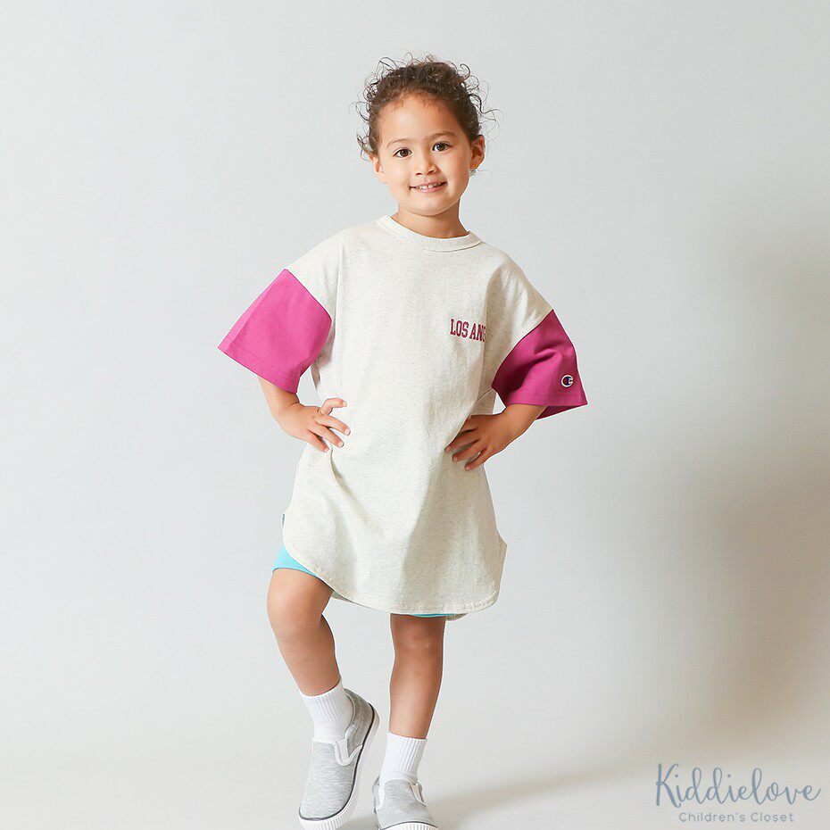 Kiddielove 日本代购 童装 CHAMPION纯棉配色袖长版短袖T恤连衣裙