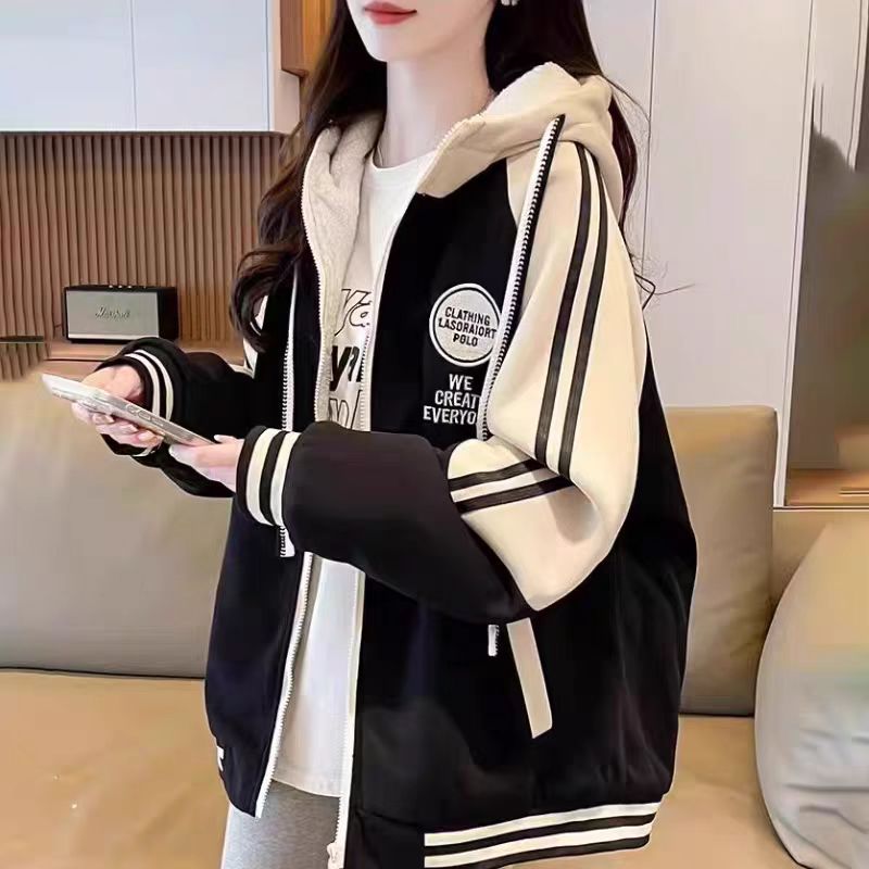 羊羔毛棒球服女秋冬季新款加绒加厚外套初中高中学生大码宽松夹克