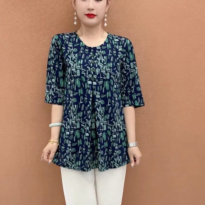 妈妈装夏季新款时尚印花七分袖小衫中老年女洋气减龄圆领中袖上衣